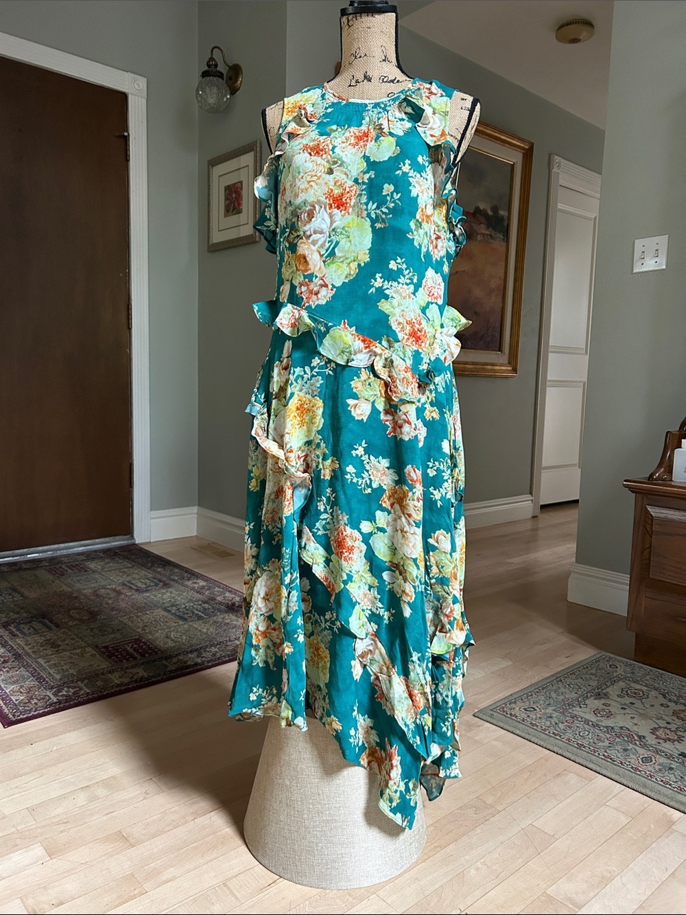 Sundance Teal Floral Asymmetrical Ruffle Dress